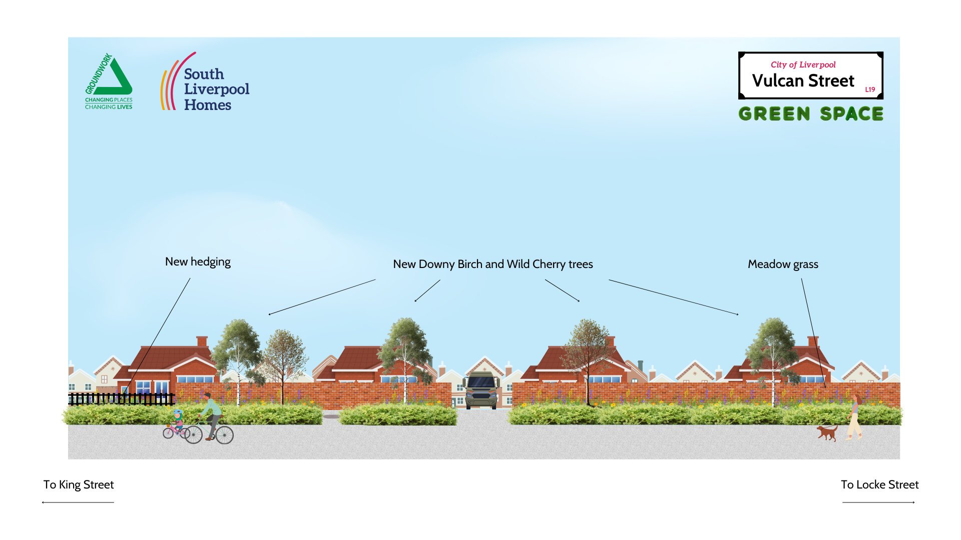 Illustration of planned green space at Vulcan Street, Liverpool, featuring meadow grass, new hedging, Downy Birch and Wild Cherry trees, with directional labels to King Street and Locke Street, and people walking and cycling.